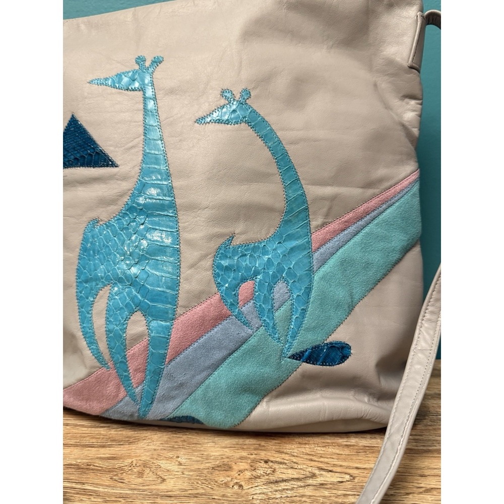 80s Johnathan Lee Signed Leather Shoulder Bag Giraffe Applique Inlay Art Purse - Picture 2 of 16